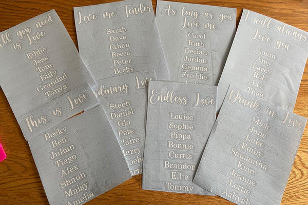 Wedding Mirror seating  chart WITH FREE HEADING / Wedding Table Plan/ Wedding signs/ Wedding vinyl sticker/ Table Plan Decal/