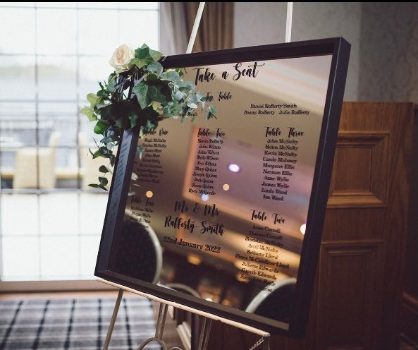 Wedding Mirror seating  chart WITH FREE HEADING / Wedding Table Plan/ Wedding signs/ Wedding vinyl sticker/ Table Plan Decal/