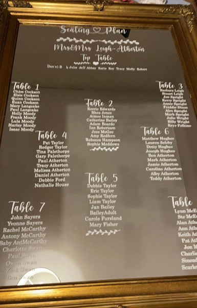 Wedding Mirror seating  chart WITH FREE HEADING / Wedding Table Plan/ Wedding signs/ Wedding vinyl sticker/ Table Plan Decal/