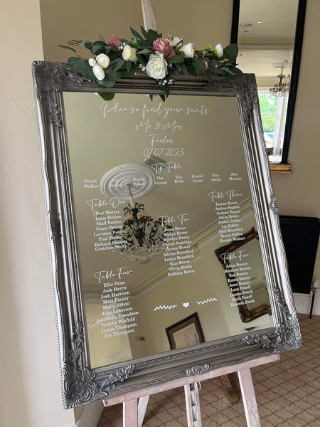 Wedding Mirror seating  chart WITH FREE HEADING / Wedding Table Plan/ Wedding signs/ Wedding vinyl sticker/ Table Plan Decal/