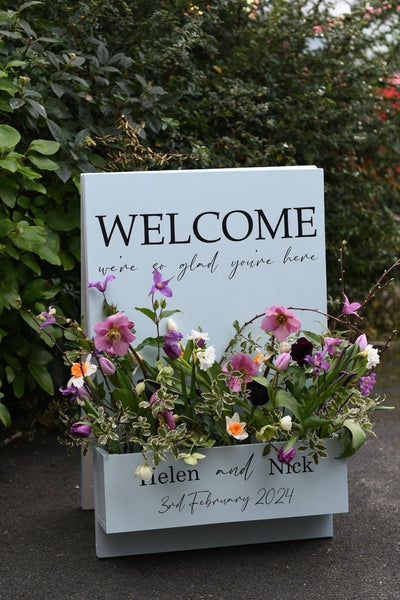 Flower box vinyl lettering, welcome sign, wedding signs, rustic signs.Custom Wedding Decal