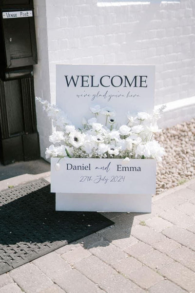 Flower box vinyl lettering, welcome sign, wedding signs, rustic signs.Custom Wedding Decal