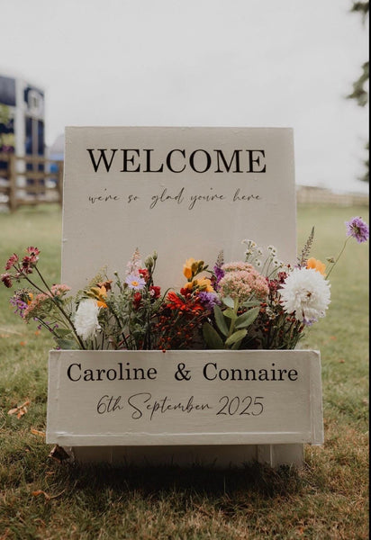 Flower box vinyl lettering, welcome sign, wedding signs, rustic signs.Custom Wedding Decal